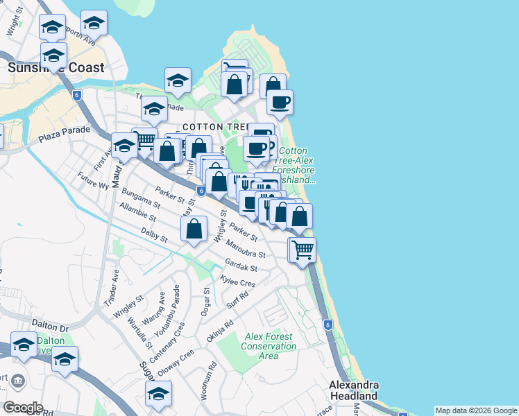 map of restaurants, bars, coffee shops, grocery stores, and more near 14 Melrose Parade in Maroochydore