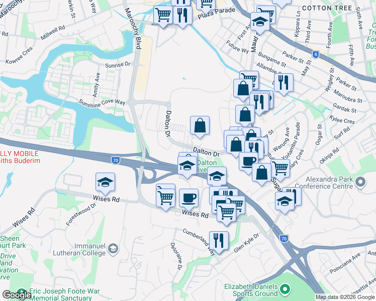map of restaurants, bars, coffee shops, grocery stores, and more near 42 Dalton Drive in Maroochydore