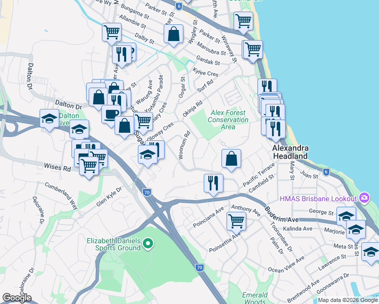 map of restaurants, bars, coffee shops, grocery stores, and more near 17 Yoomba Crescent in Alexandra Headland