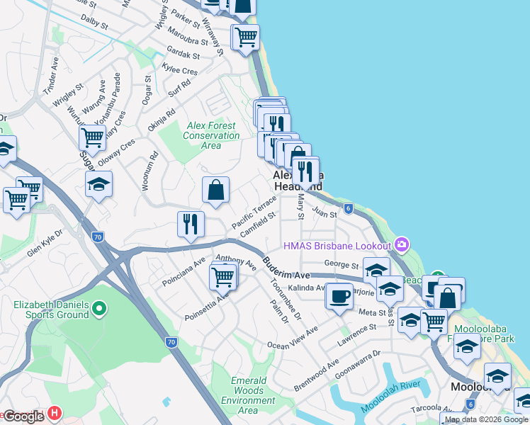 map of restaurants, bars, coffee shops, grocery stores, and more near 12 Camfield Street in Alexandra Headland
