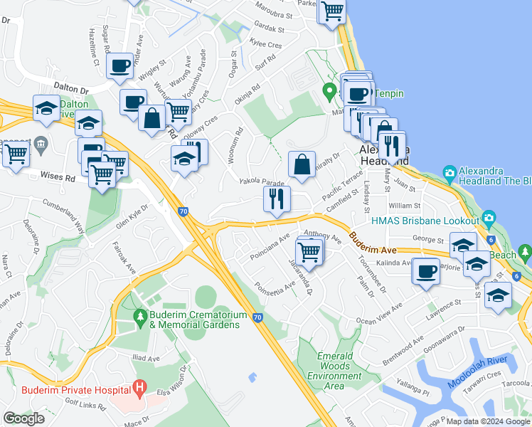 map of restaurants, bars, coffee shops, grocery stores, and more near 38 Kawana Street in Alexandra Headland