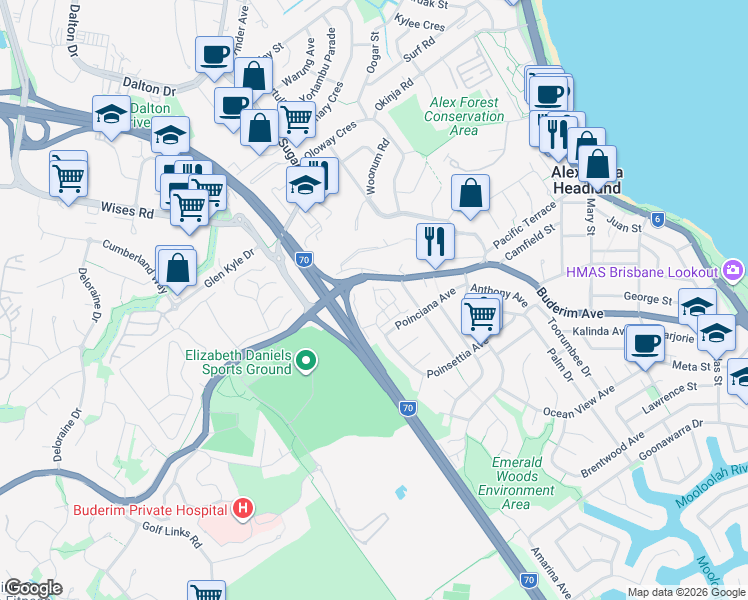 map of restaurants, bars, coffee shops, grocery stores, and more near 1 Poinsettia Court in Mooloolaba