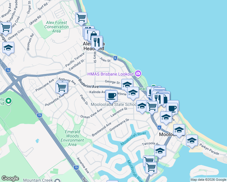 map of restaurants, bars, coffee shops, grocery stores, and more near 30 Marjorie Street in Mooloolaba