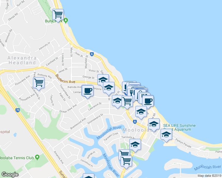 map of restaurants, bars, coffee shops, grocery stores, and more near 1 Buderim Avenue in Mooloolaba