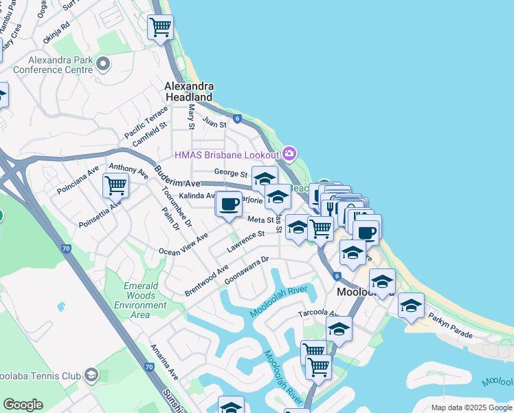 map of restaurants, bars, coffee shops, grocery stores, and more near 15 Marjorie Street in Mooloolaba
