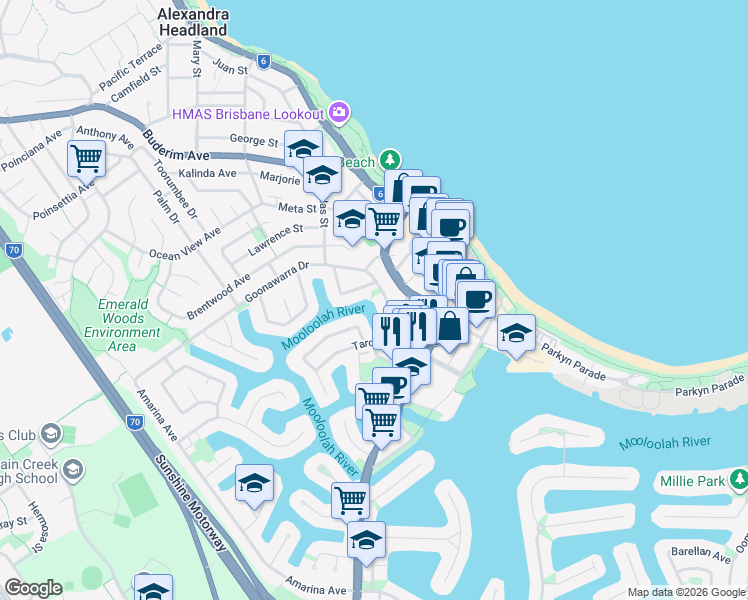 map of restaurants, bars, coffee shops, grocery stores, and more near 17 Goonawarra Drive in Mooloolaba