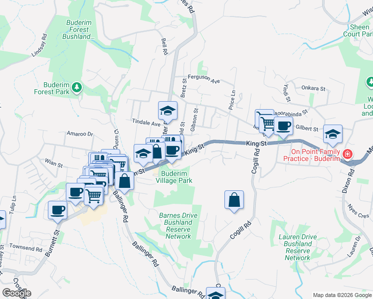 map of restaurants, bars, coffee shops, grocery stores, and more near 17 King Street in Buderim