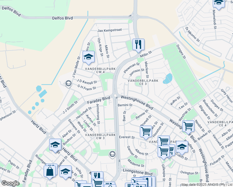 map of restaurants, bars, coffee shops, grocery stores, and more near in Vanderbijlpark