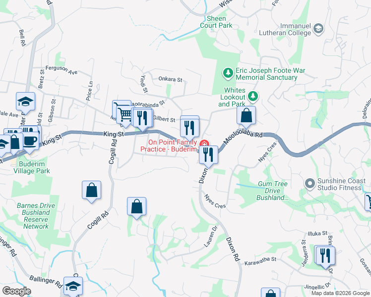 map of restaurants, bars, coffee shops, grocery stores, and more near 132 King Street in Buderim