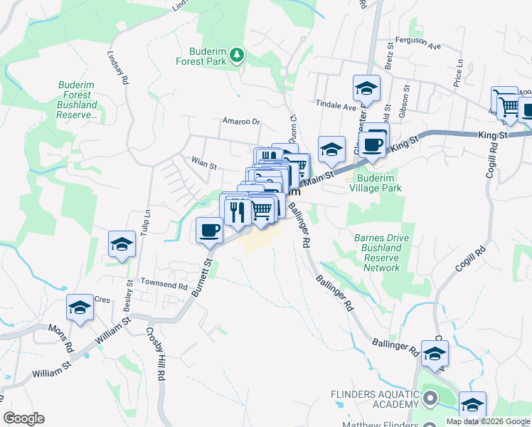 map of restaurants, bars, coffee shops, grocery stores, and more near 61 Burnett Street in Buderim
