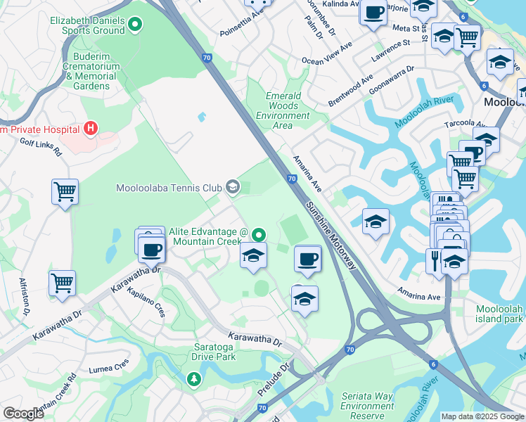 map of restaurants, bars, coffee shops, grocery stores, and more near 85-87 Lady Musgrave Drive in Mountain Creek
