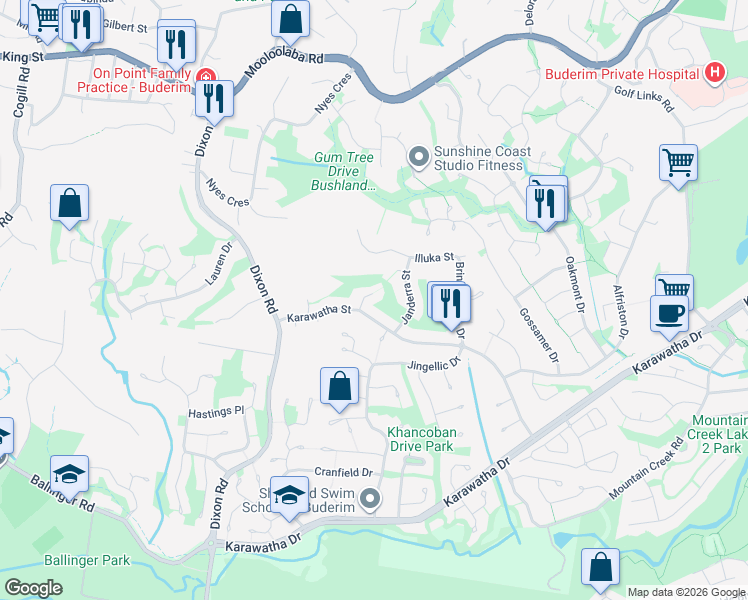 map of restaurants, bars, coffee shops, grocery stores, and more near 6 Kimbarra Court in Buderim