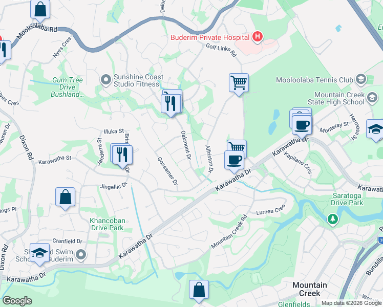 map of restaurants, bars, coffee shops, grocery stores, and more near 16 Oakmont Drive in Buderim