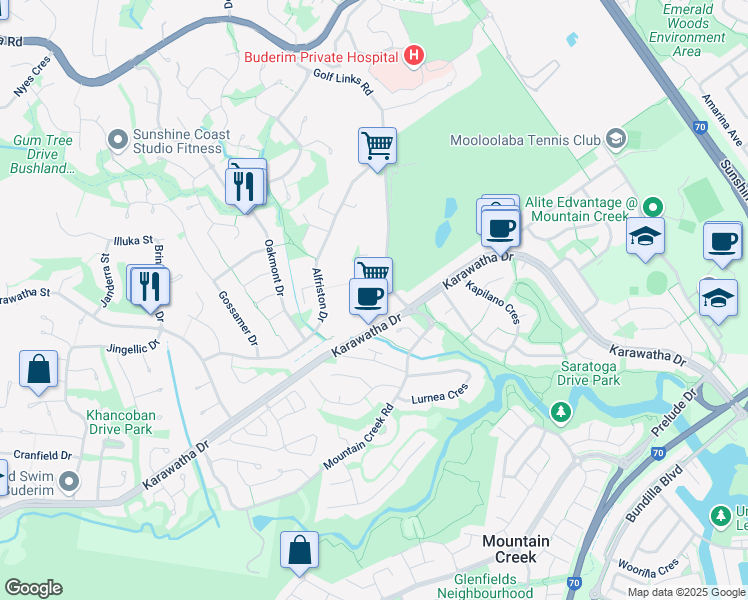 map of restaurants, bars, coffee shops, grocery stores, and more near 39 Lee Street in Buderim