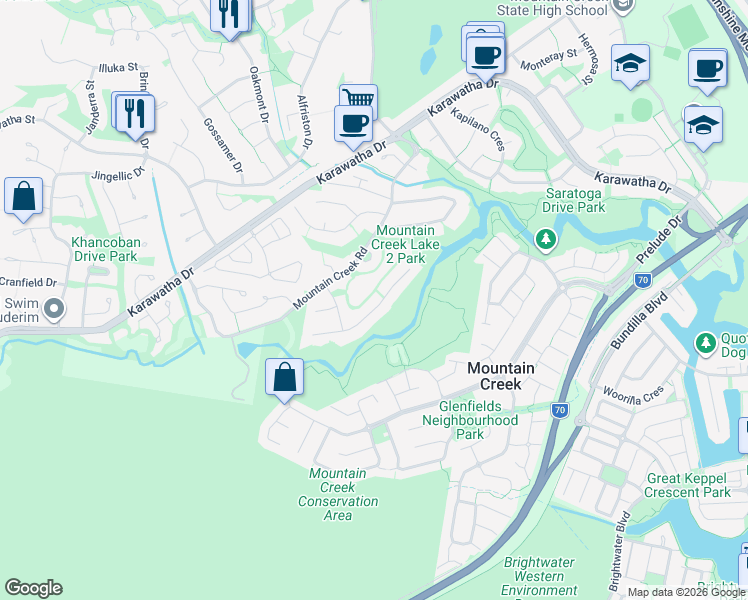 map of restaurants, bars, coffee shops, grocery stores, and more near 16 Munbilla Close in Mountain Creek