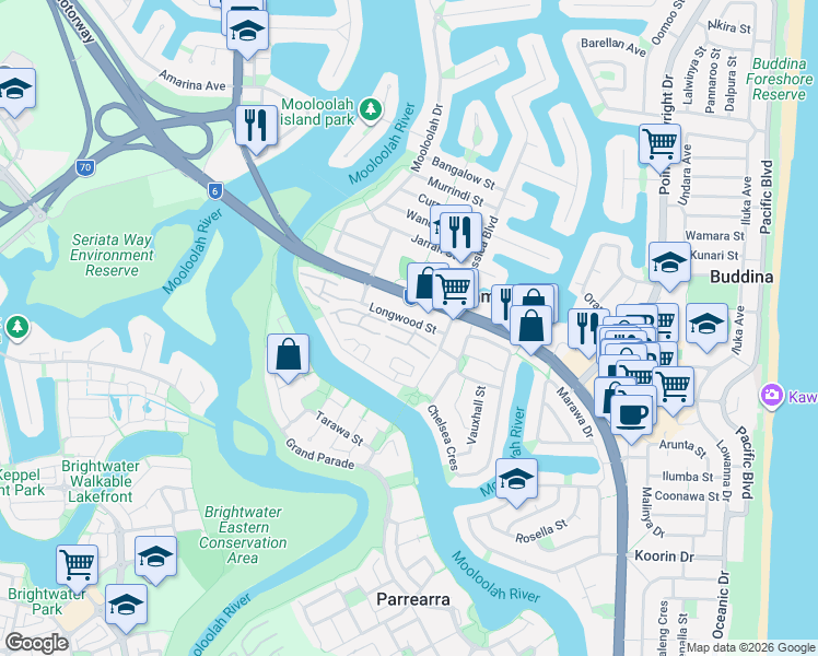 map of restaurants, bars, coffee shops, grocery stores, and more near 2 Longwood Street in Minyama