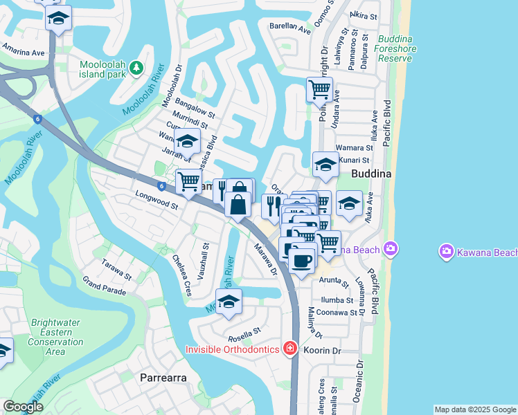 map of restaurants, bars, coffee shops, grocery stores, and more near Nicklin Way in Buddina