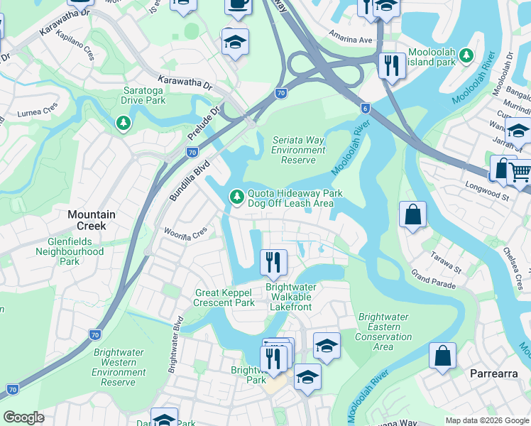 map of restaurants, bars, coffee shops, grocery stores, and more near 39 Cootamundra Drive in Mountain Creek