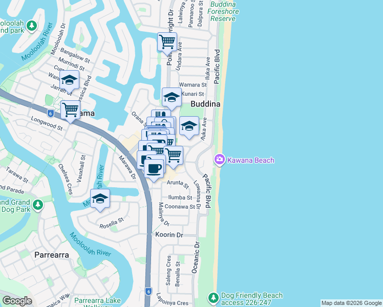 map of restaurants, bars, coffee shops, grocery stores, and more near 91 Iluka Avenue in Buddina