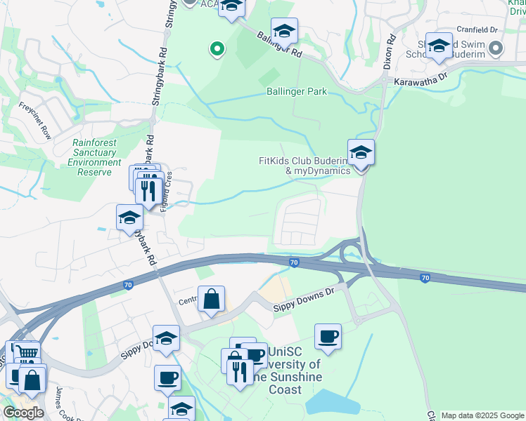 map of restaurants, bars, coffee shops, grocery stores, and more near 61 Power Road in Buderim