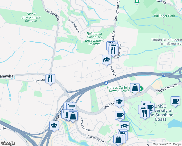 map of restaurants, bars, coffee shops, grocery stores, and more near Toral Drive in Buderim