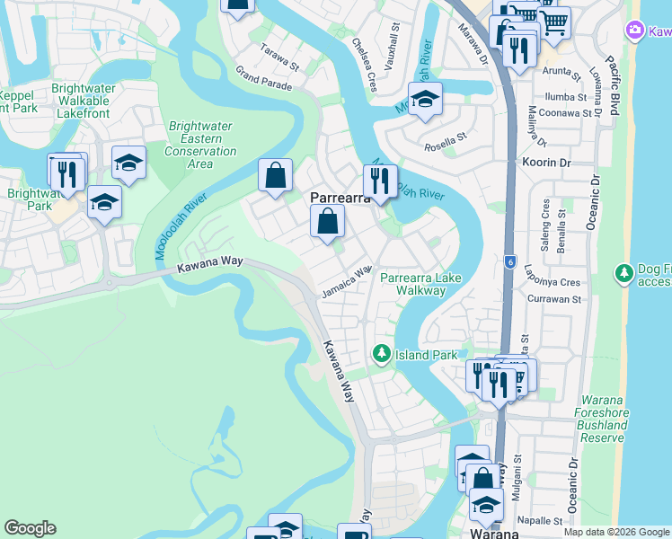 map of restaurants, bars, coffee shops, grocery stores, and more near 17 Margarita Court in Parrearra