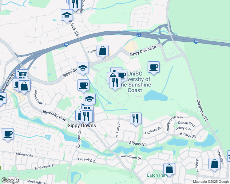 map of restaurants, bars, coffee shops, grocery stores, and more near 90 Sippy Downs Drive in Sippy Downs
