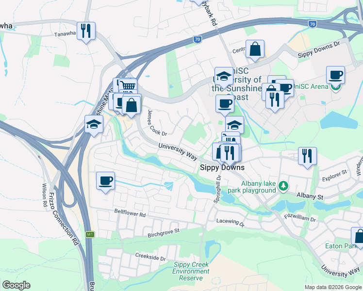 map of restaurants, bars, coffee shops, grocery stores, and more near 2 Sorbonne Close in Sippy Downs
