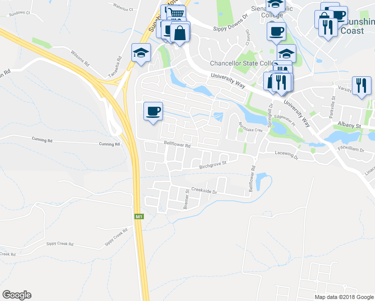 map of restaurants, bars, coffee shops, grocery stores, and more near 30 Riveroak Way in Sippy Downs