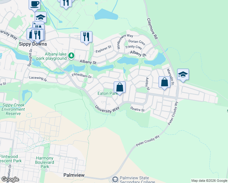 map of restaurants, bars, coffee shops, grocery stores, and more near 3 Moreton Street in Sippy Downs