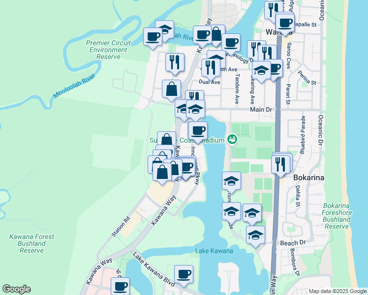map of restaurants, bars, coffee shops, grocery stores, and more near 12 Innovation Parkway in Birtinya