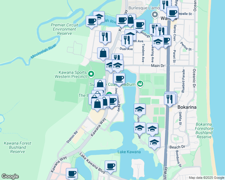 map of restaurants, bars, coffee shops, grocery stores, and more near 12 Innovation Parkway in Birtinya
