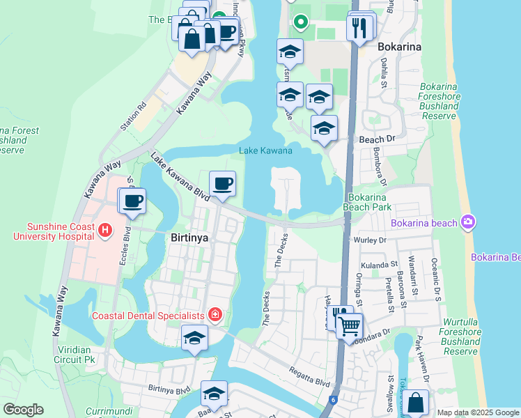 map of restaurants, bars, coffee shops, grocery stores, and more near Nicklin Way in Buddina