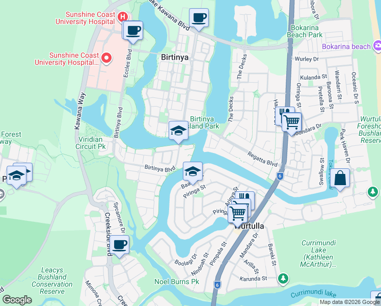 map of restaurants, bars, coffee shops, grocery stores, and more near 99 Birtinya Boulevard in Birtinya