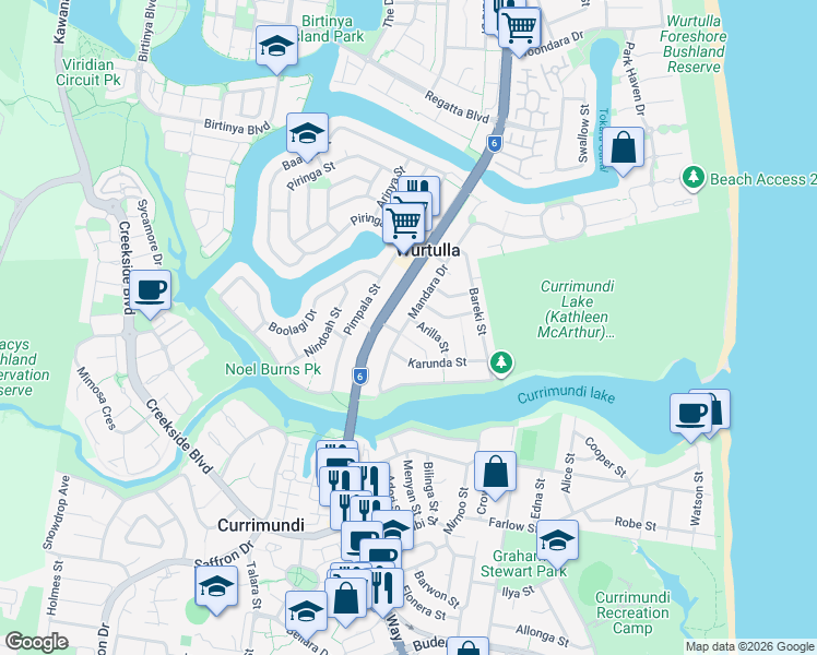 map of restaurants, bars, coffee shops, grocery stores, and more near 17 Mandara Drive in Wurtulla