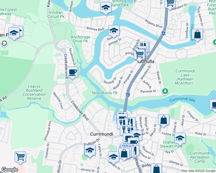 map of restaurants, bars, coffee shops, grocery stores, and more near 8 Kowandi Street in Wurtulla