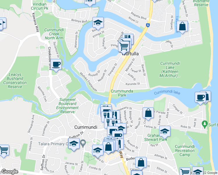map of restaurants, bars, coffee shops, grocery stores, and more near 668 Nicklin Way in Wurtulla