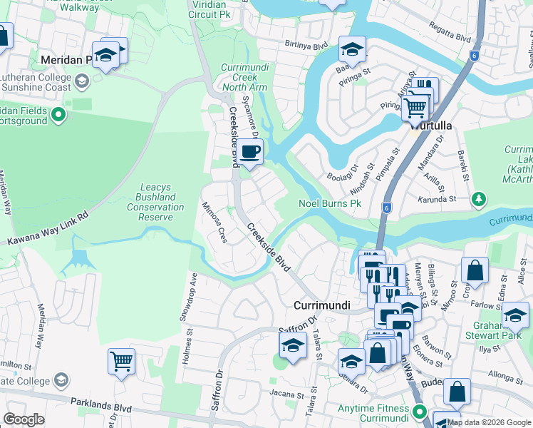 map of restaurants, bars, coffee shops, grocery stores, and more near 20 Lomandra Drive in Currimundi