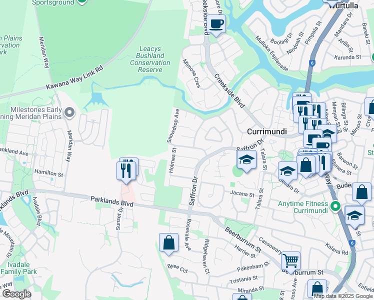 map of restaurants, bars, coffee shops, grocery stores, and more near 16 Boram Street in Currimundi