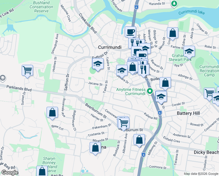 map of restaurants, bars, coffee shops, grocery stores, and more near 19 Cordia Street in Currimundi