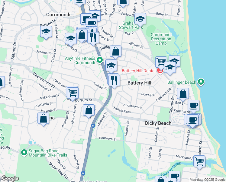 map of restaurants, bars, coffee shops, grocery stores, and more near 36 Browning Boulevard in Battery Hill