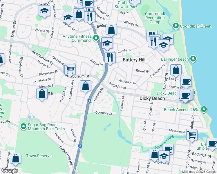 map of restaurants, bars, coffee shops, grocery stores, and more near 57 Beerburrum Street in Battery Hill