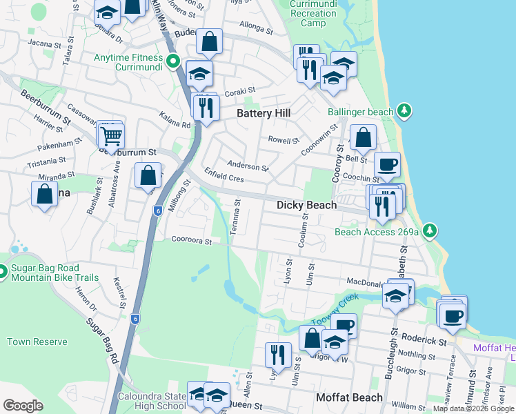 map of restaurants, bars, coffee shops, grocery stores, and more near 58 Coonowrin Street in Battery Hill