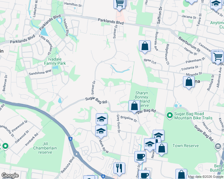 map of restaurants, bars, coffee shops, grocery stores, and more near 2 Timbertop Court in Little Mountain