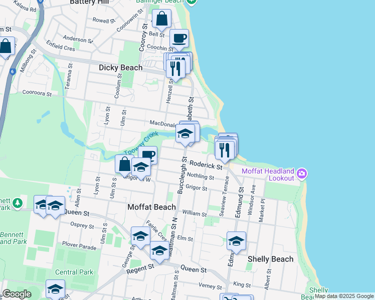 map of restaurants, bars, coffee shops, grocery stores, and more near 32 Kingsford Smith Parade in Moffat Beach