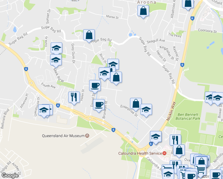 map of restaurants, bars, coffee shops, grocery stores, and more near 159 Mark Road East in Caloundra West