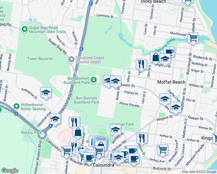 map of restaurants, bars, coffee shops, grocery stores, and more near 88 Queen Street in Caloundra