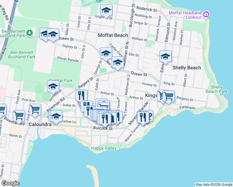 map of restaurants, bars, coffee shops, grocery stores, and more near 39A Arthur Street in Caloundra