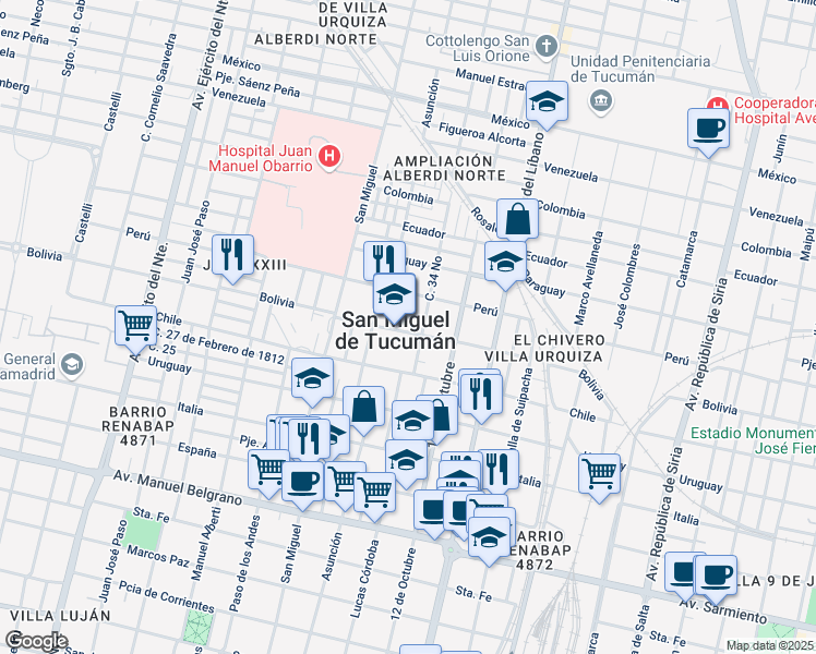 map of restaurants, bars, coffee shops, grocery stores, and more near 1631 Bolivia in San Miguel de Tucumán