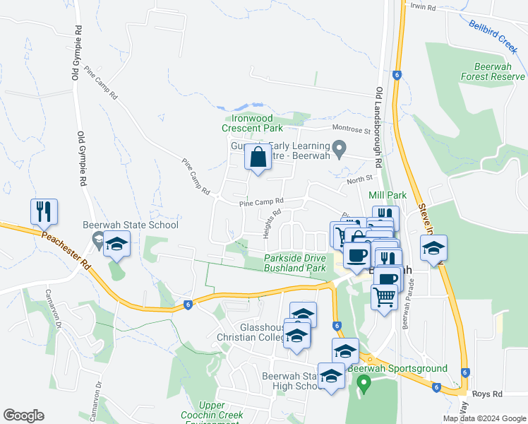 map of restaurants, bars, coffee shops, grocery stores, and more near 8 Pacific Place in Beerwah
